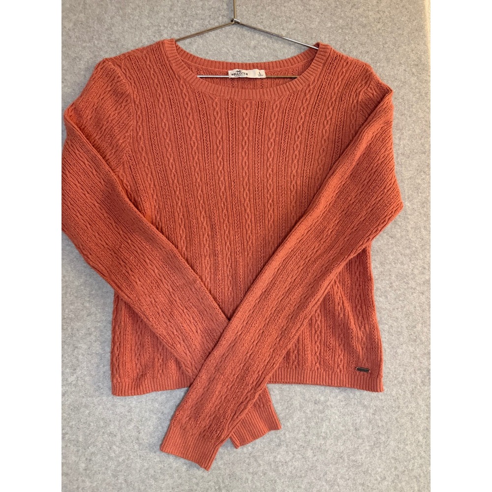 Hollister Womens Cable Knit Sweater Coral Orange Long Sleeve Crew Neck Large